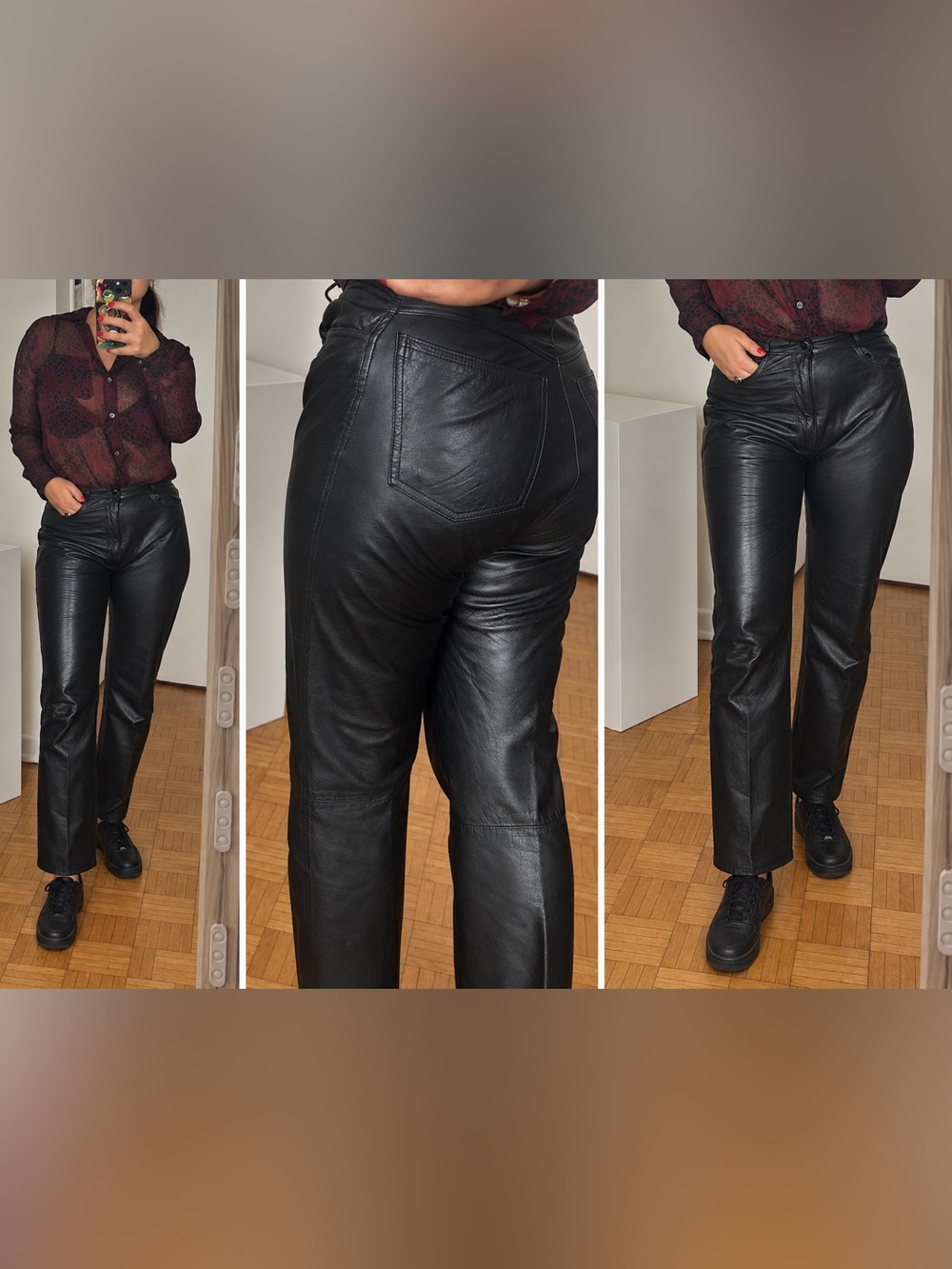 Black Genuine Leather High-Rise Straight Leg Pants Vintage Style